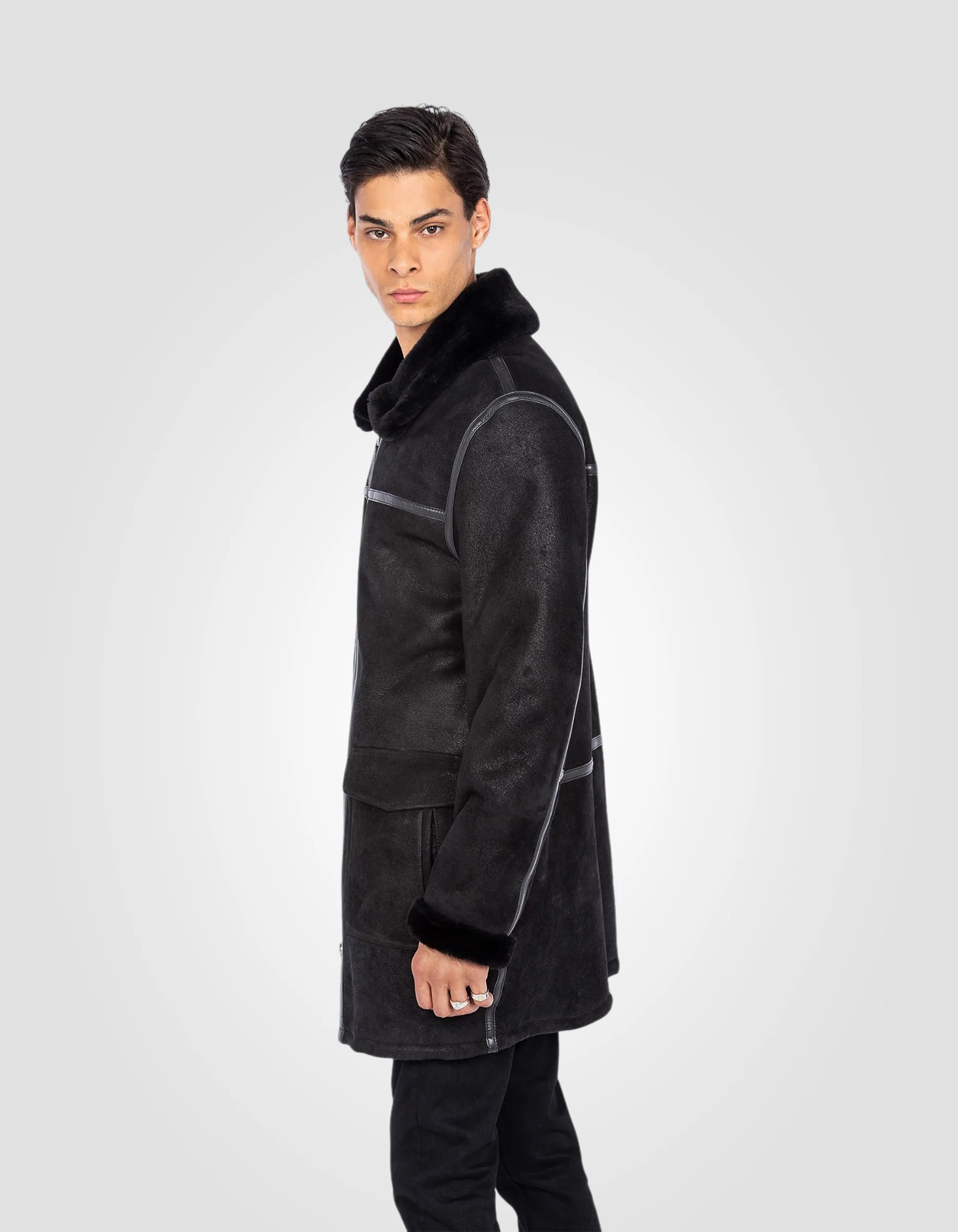 Men Black Long Double-Faced Sheepskin Coat