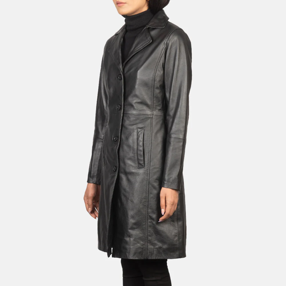 Women’s Black Real Leather Single-Breasted Coat | Sleek, Elegant & Timeless