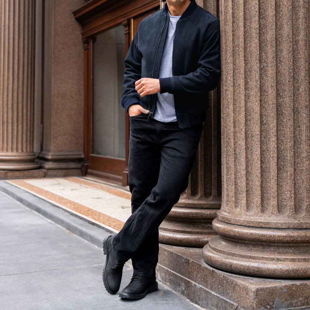 Men’s Navy Suede Leather Bomber Jacket | Modern Fit, Timeless Quality