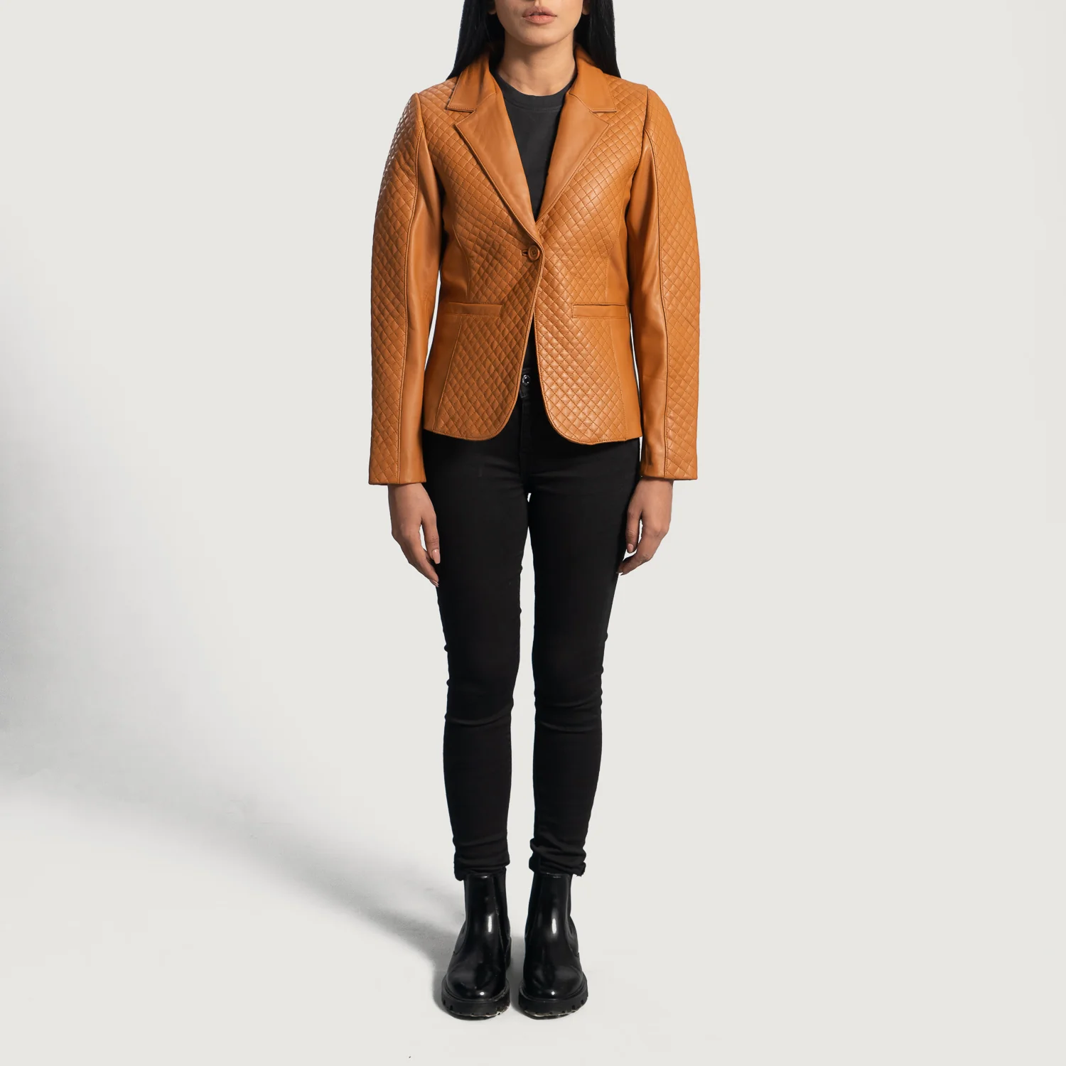 Women’s Quilted Brown Real Leather Blazer | Elegant, Structured & Timeless