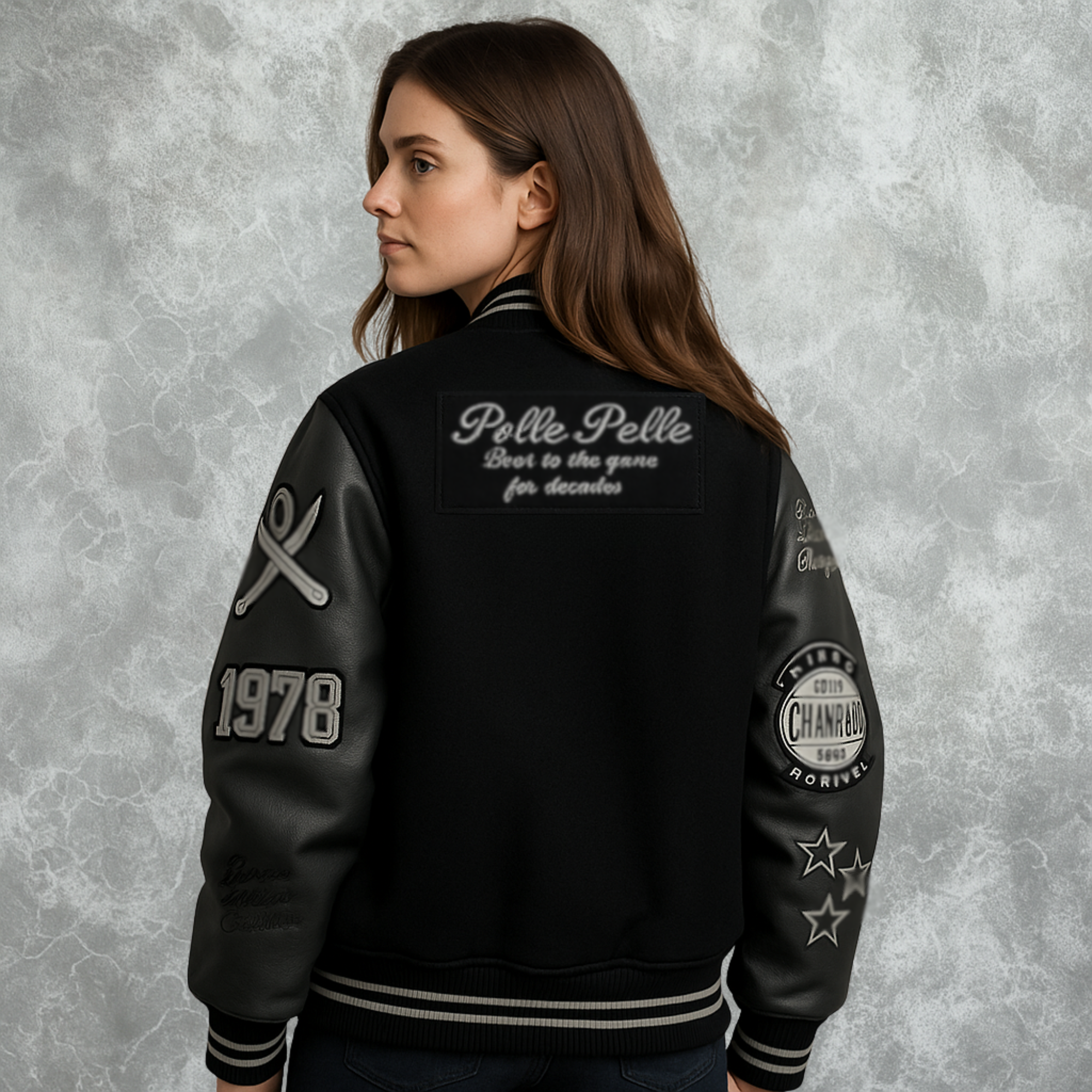 Black Pelle Pelle World Famous Inspired Varsity Jacket For Women