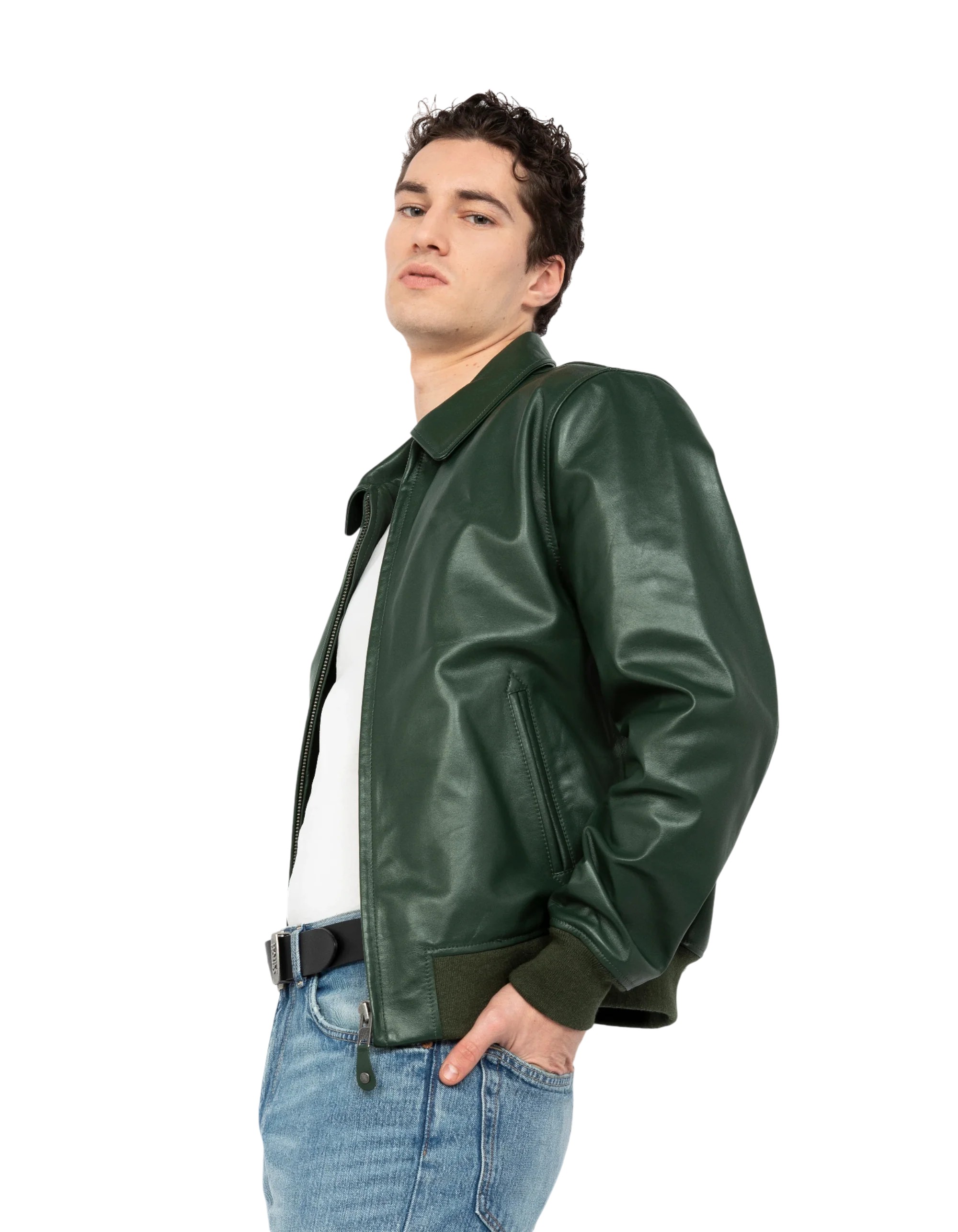 Classic Light Green Cowhide Casual Leather Jacket