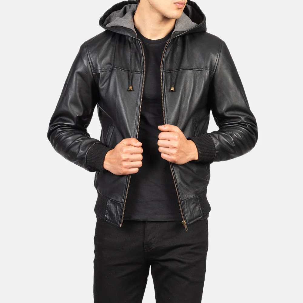 Nintenzo Hooded Leather Bomber Jacket