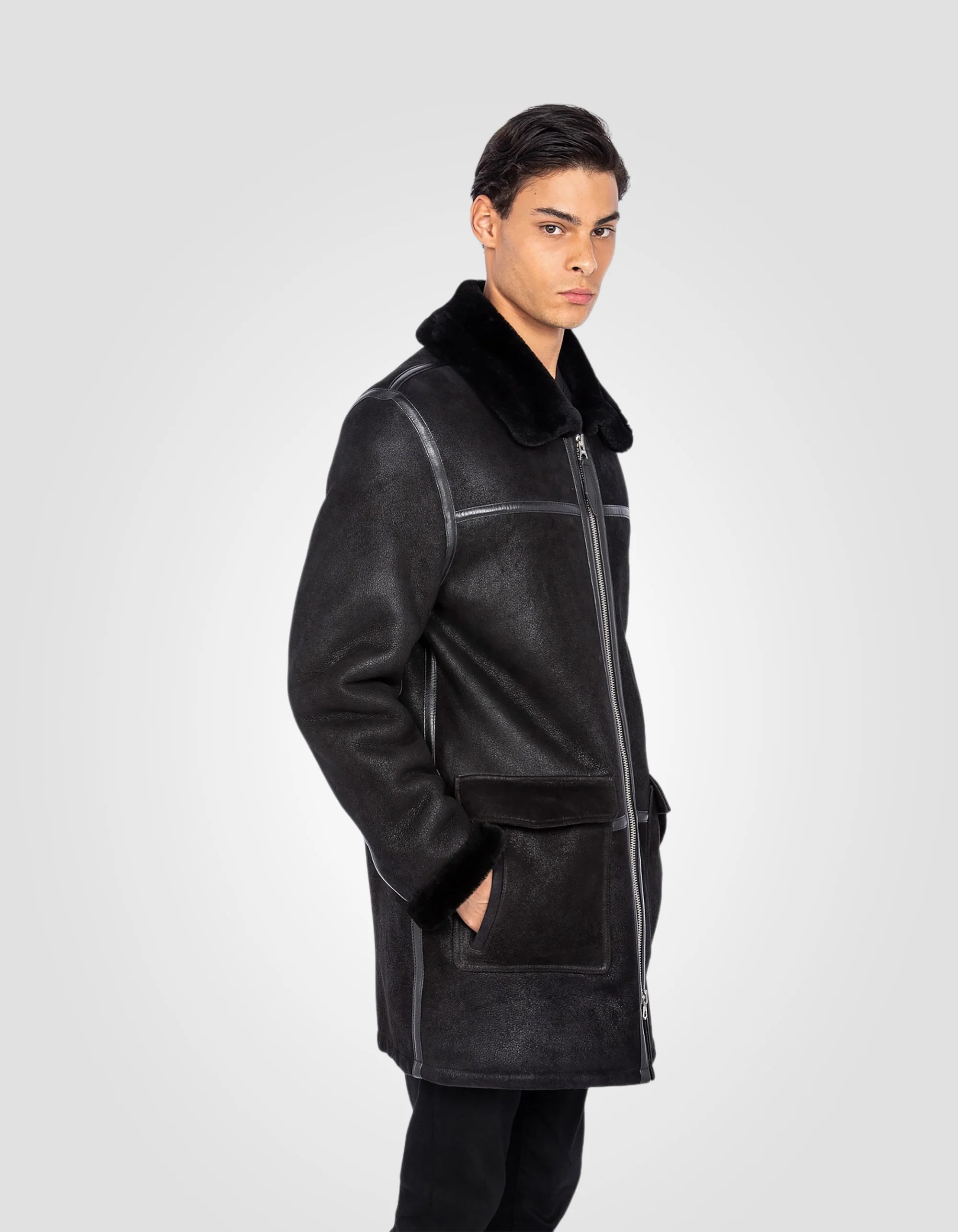 Men Black Long Double-Faced Sheepskin Coat