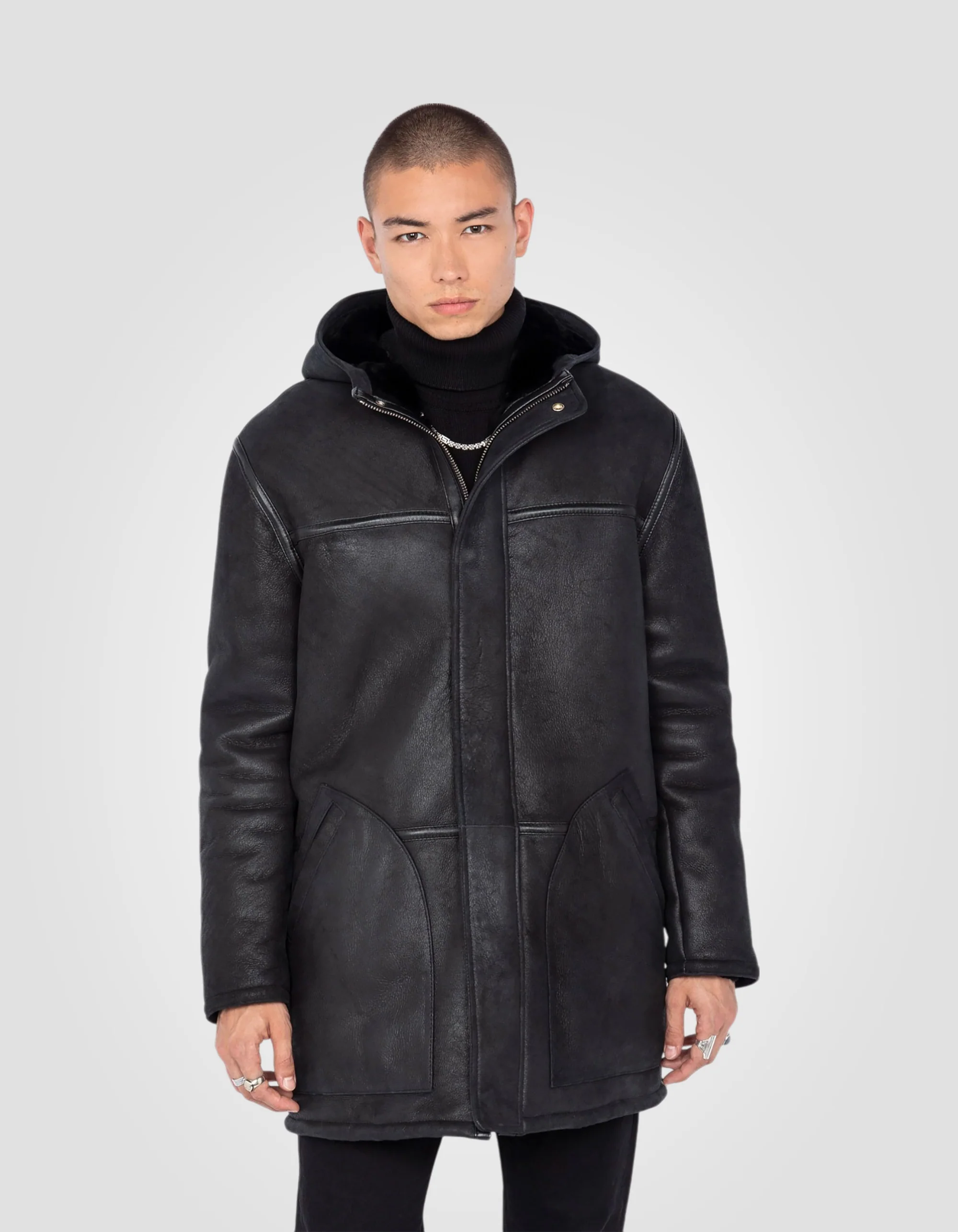 Premium Black Hooded Sheepskin Winter Coat