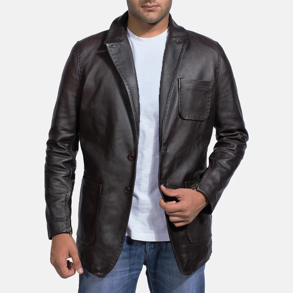 Wine Black Men’s Leather Blazer | Bold, Sleek & Modern Elegance