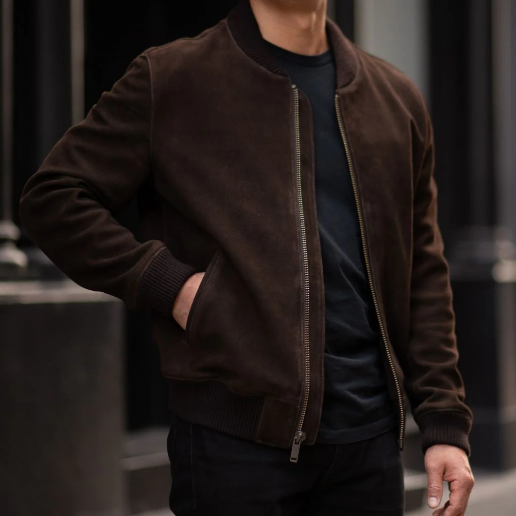 Men’s Dark Grey Suede Leather Bomber Jacket | Modern Fit, Timeless Style