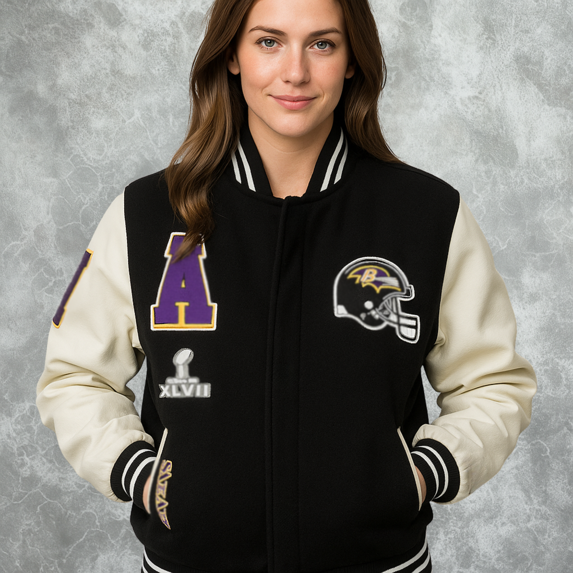 Baltimore Ravens Inspired Black and White Varsity Jacket For Women