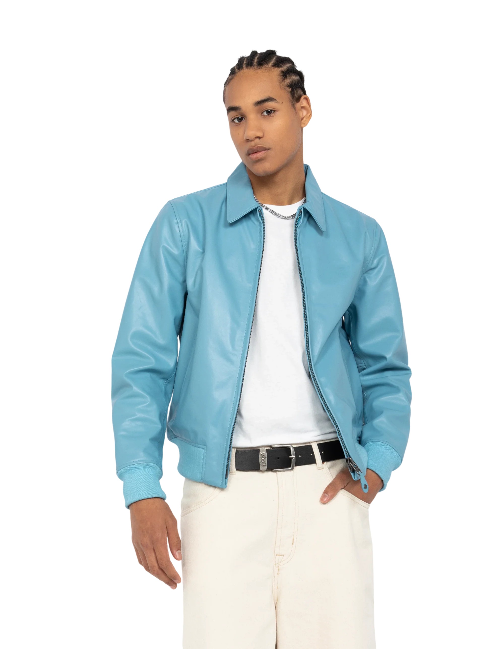 Premium Sky Blue Cowhide Casual Leather Jacket