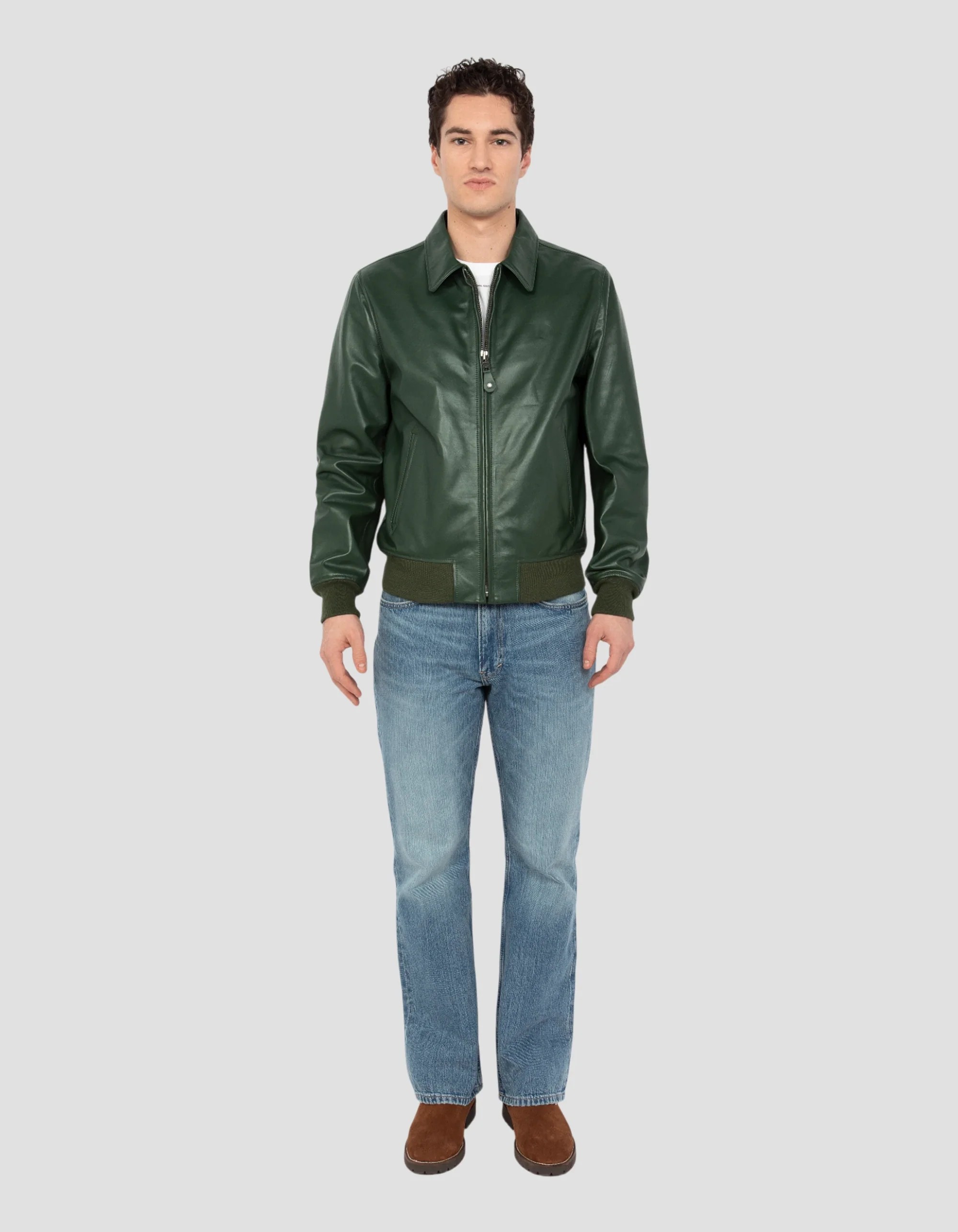 Classic Light Green Cowhide Casual Leather Jacket