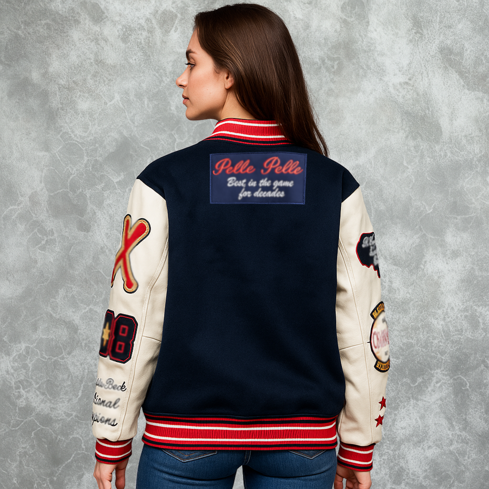 Navy Blue And White Pelle Pelle World Famous Inspired Varsity Jacket For Women
