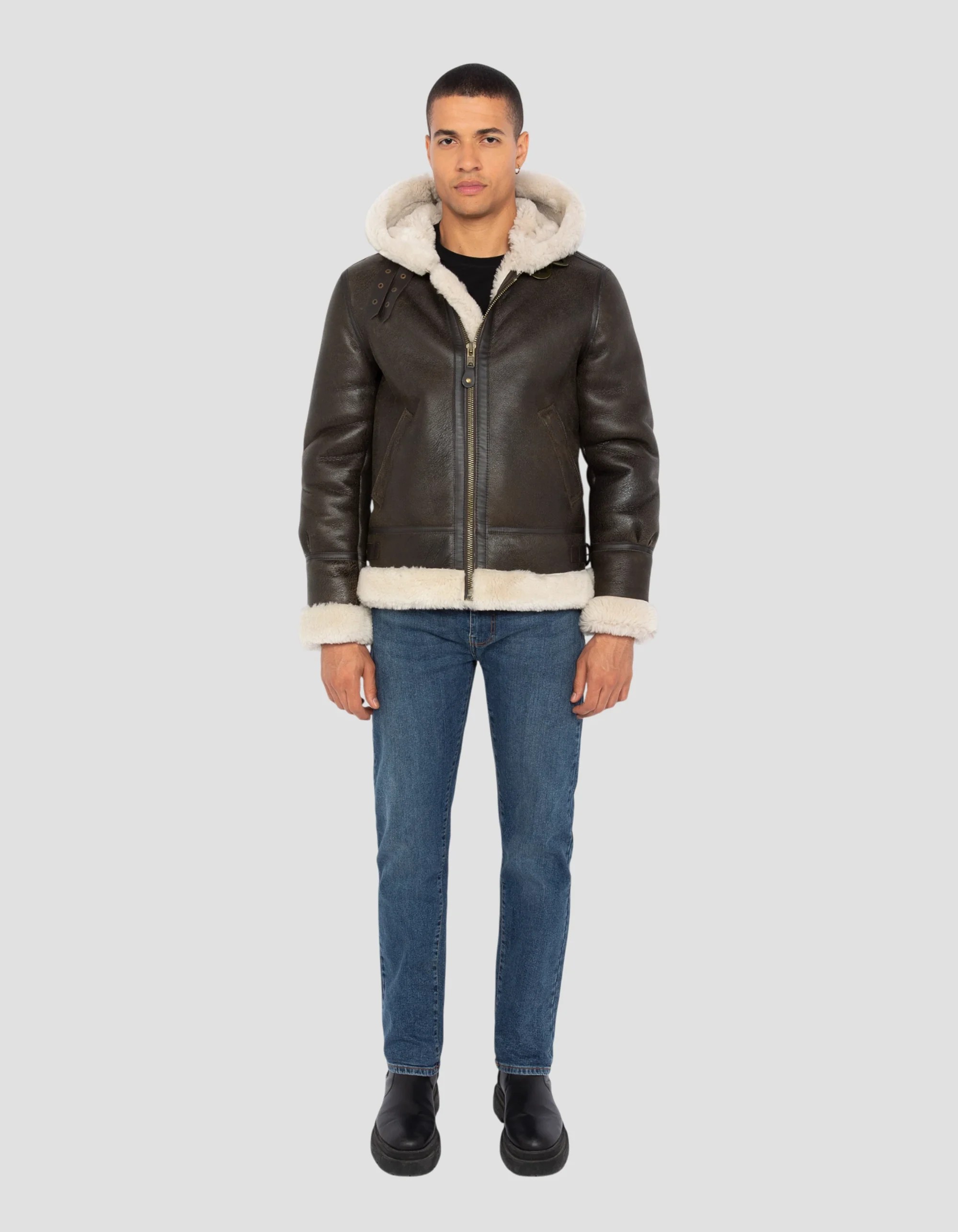 B-3 Hooded Brown Sheepskin Bomber Jacket