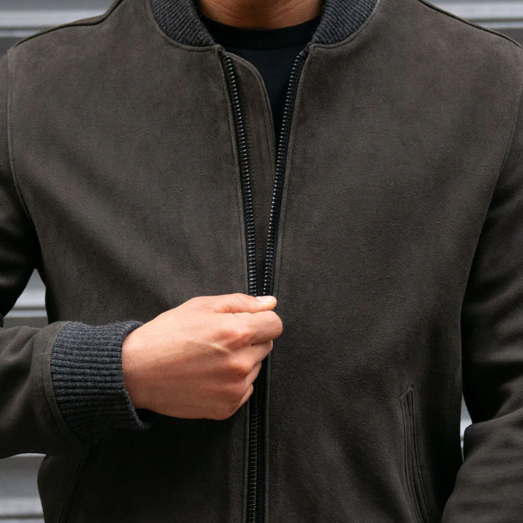 Men’s Dark Grey Suede Leather Bomber Jacket | Modern Fit, Timeless Style