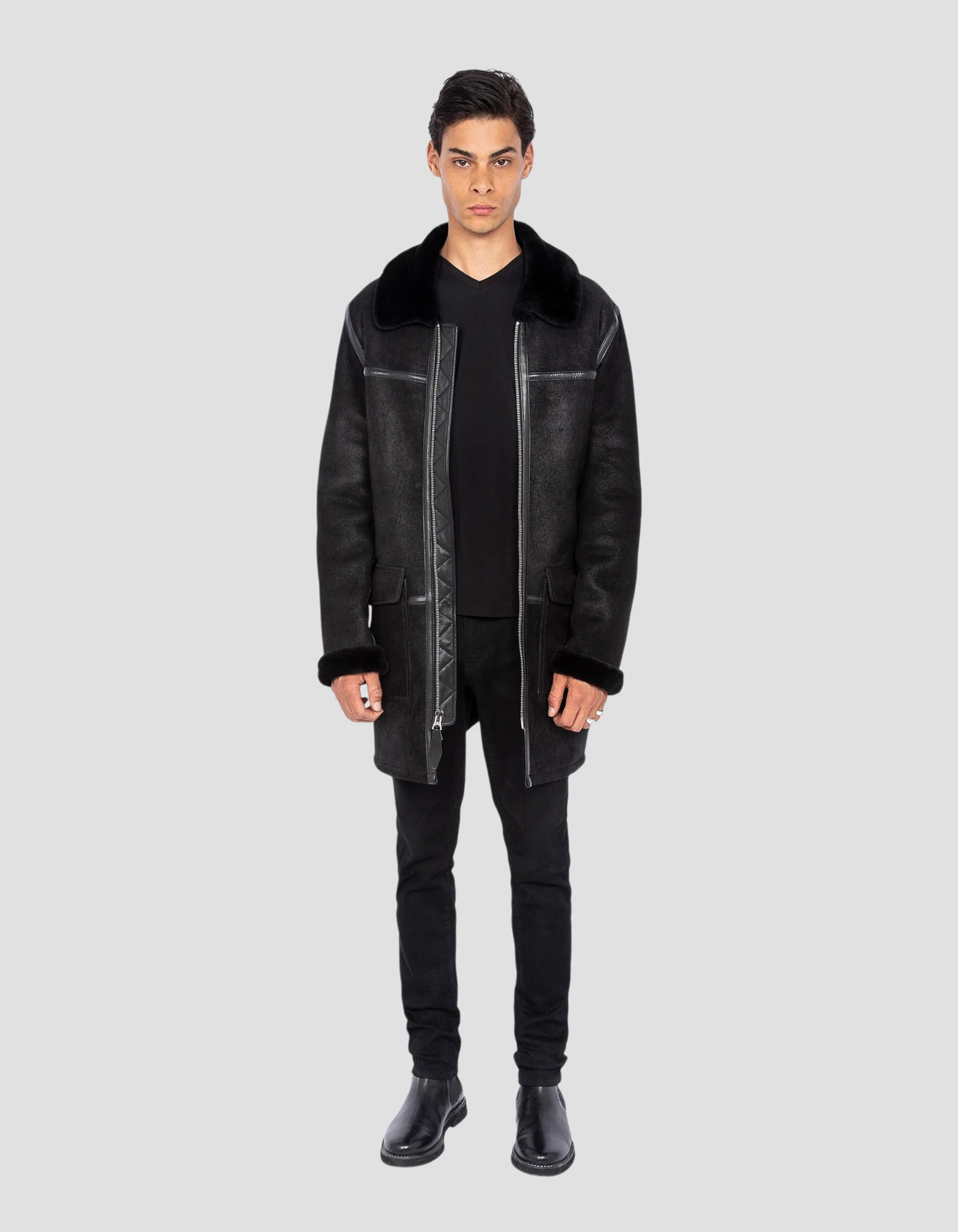 Men Black Long Double-Faced Sheepskin Coat