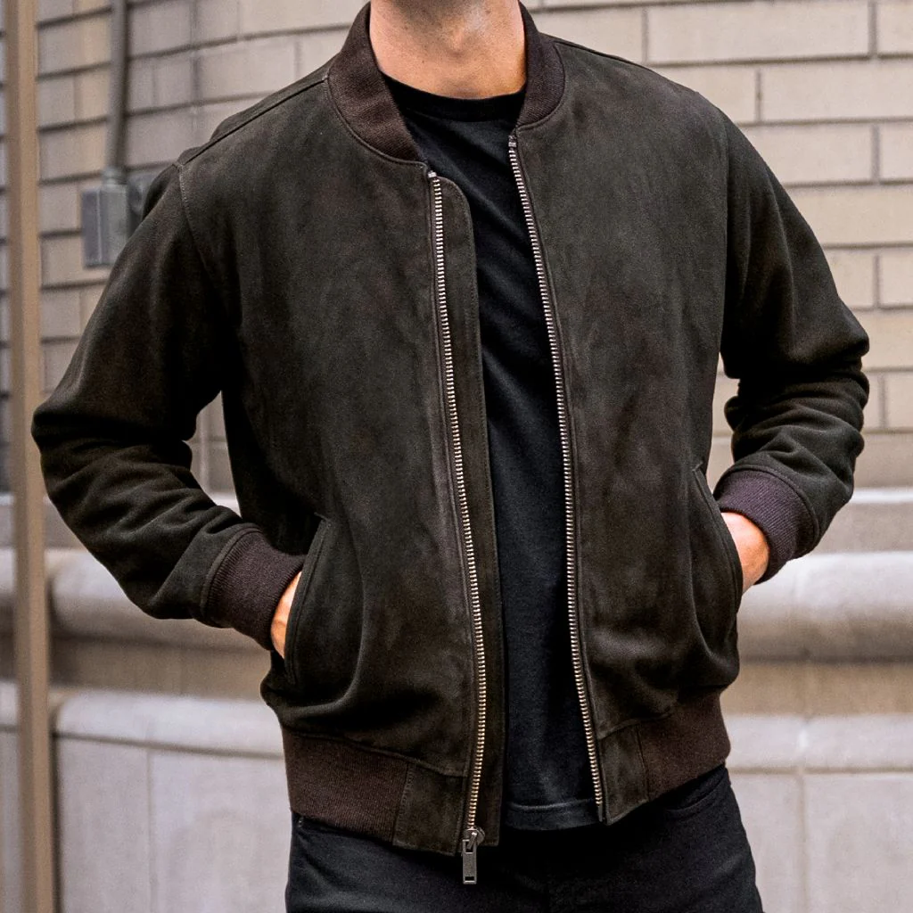 Men’s Dark Olive Suede Bomber Jacket | Timeless Style, Modern Fit
