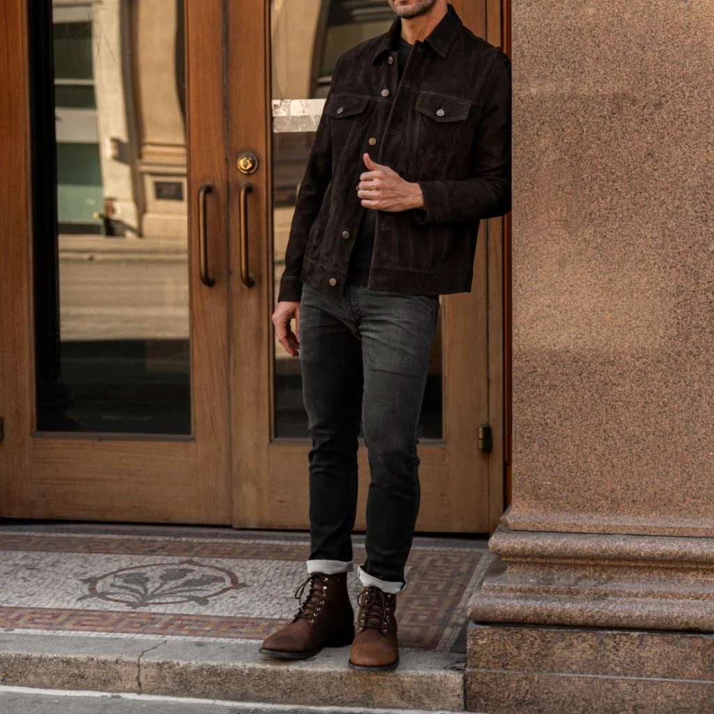 Men’s Chocolate Suede Trucker Jacket | Luxe, Timeless & Heritage-Inspired