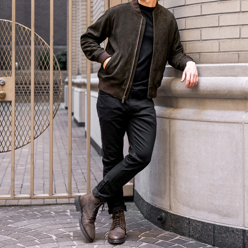 Men’s Dark Olive Suede Bomber Jacket | Timeless Style, Modern Fit