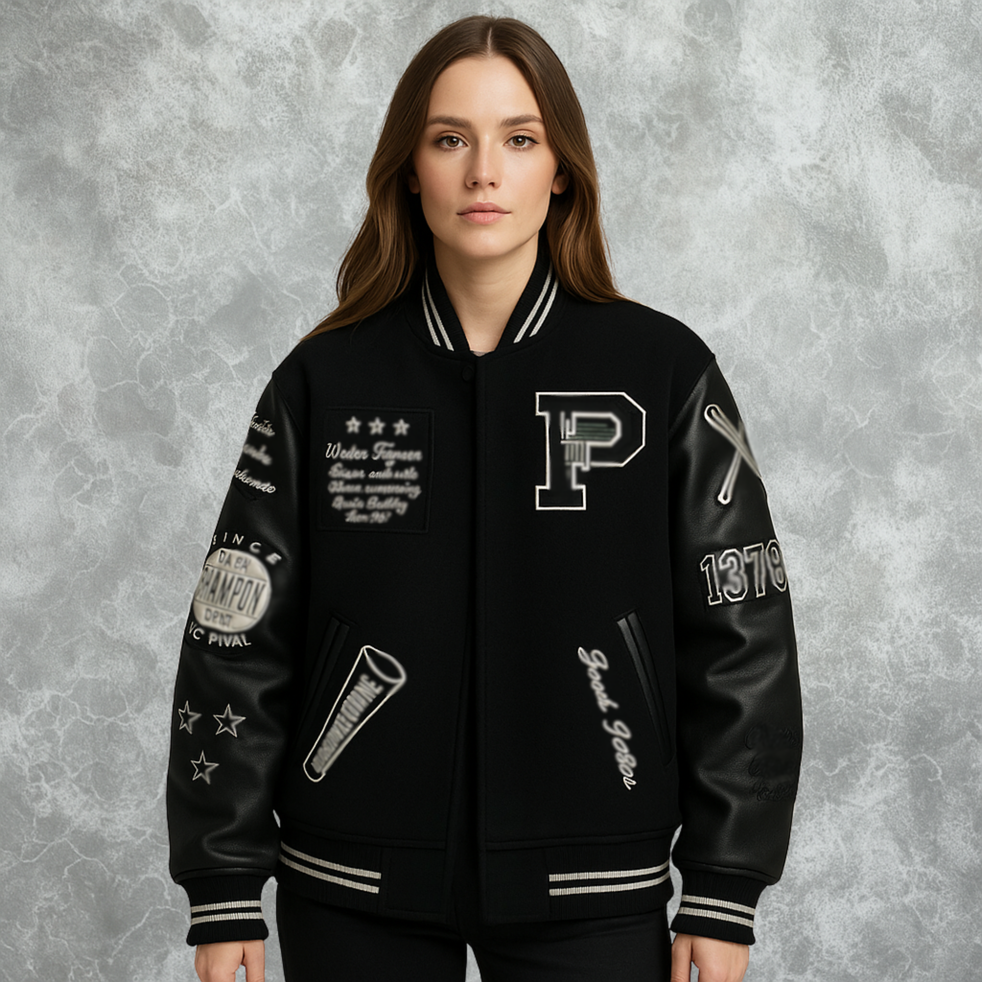 Black Pelle Pelle World Famous Inspired Varsity Jacket For Women