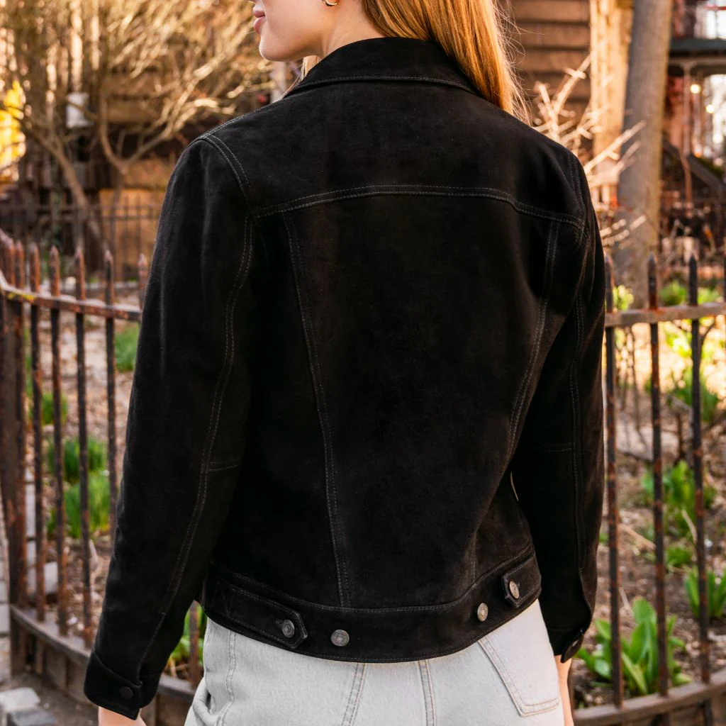 Women’s Black Suede Leather Trucker Jacket | Luxe, Timeless & Versatile