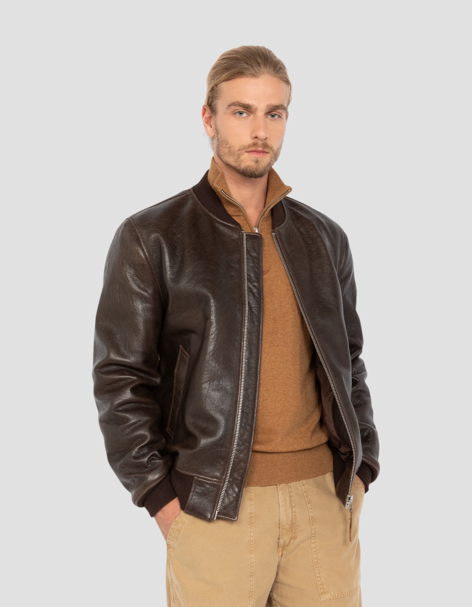 Luxurious Vintage Brown Lamb Leather Casual Jacket