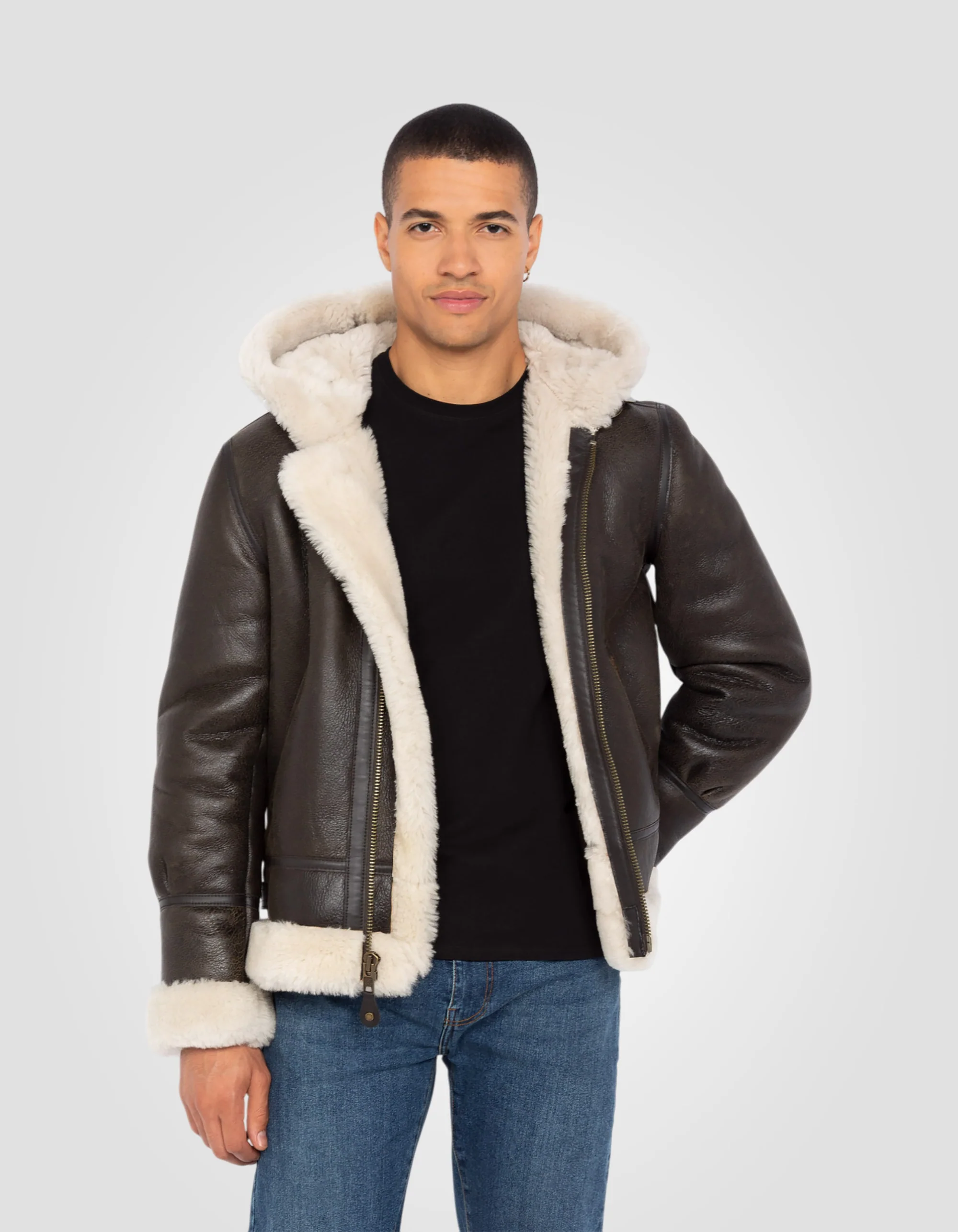 B-3 Hooded Brown Sheepskin Bomber Jacket