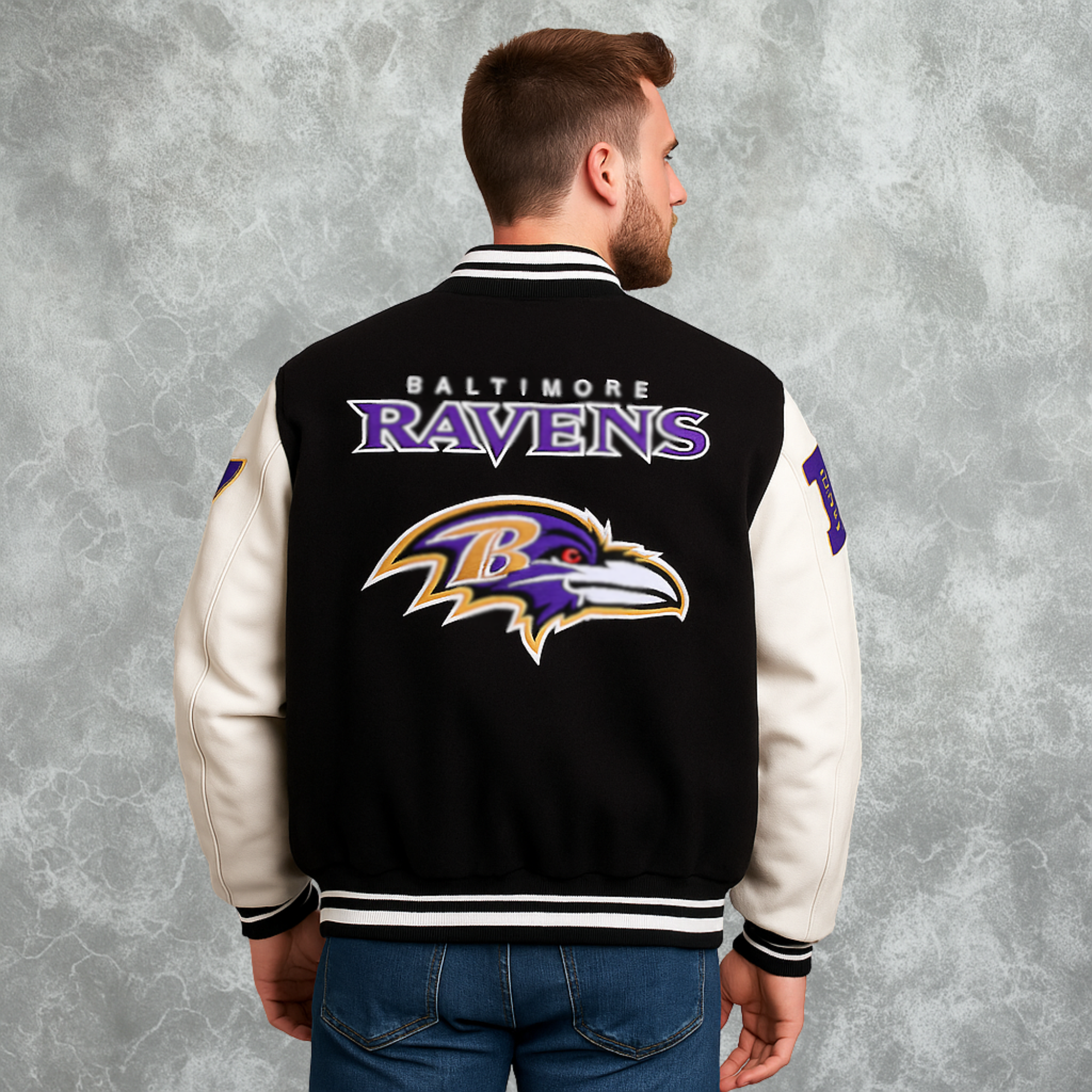Baltimore Ravens Inspired Black and White Varsity Jacket For Men
