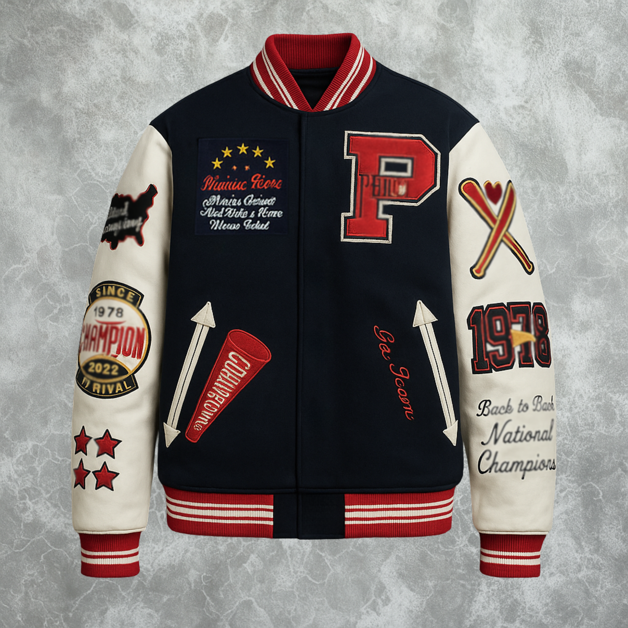 Navy Blue And White Pelle Pelle World Famous Inspired Varsity Jacket For Men