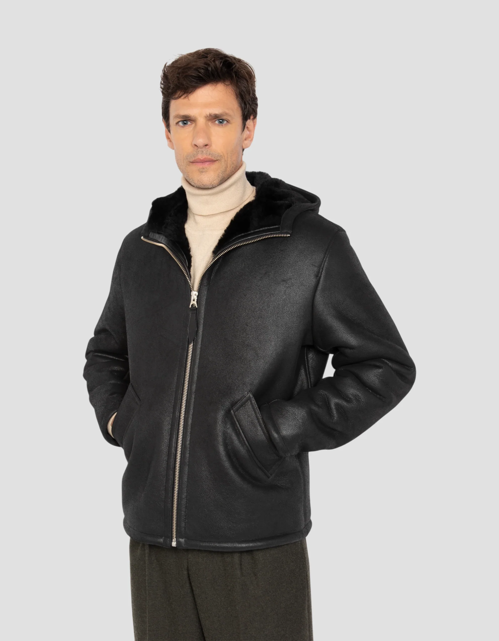 Luxurious Casual Black Hooded Sheepskin Jacket