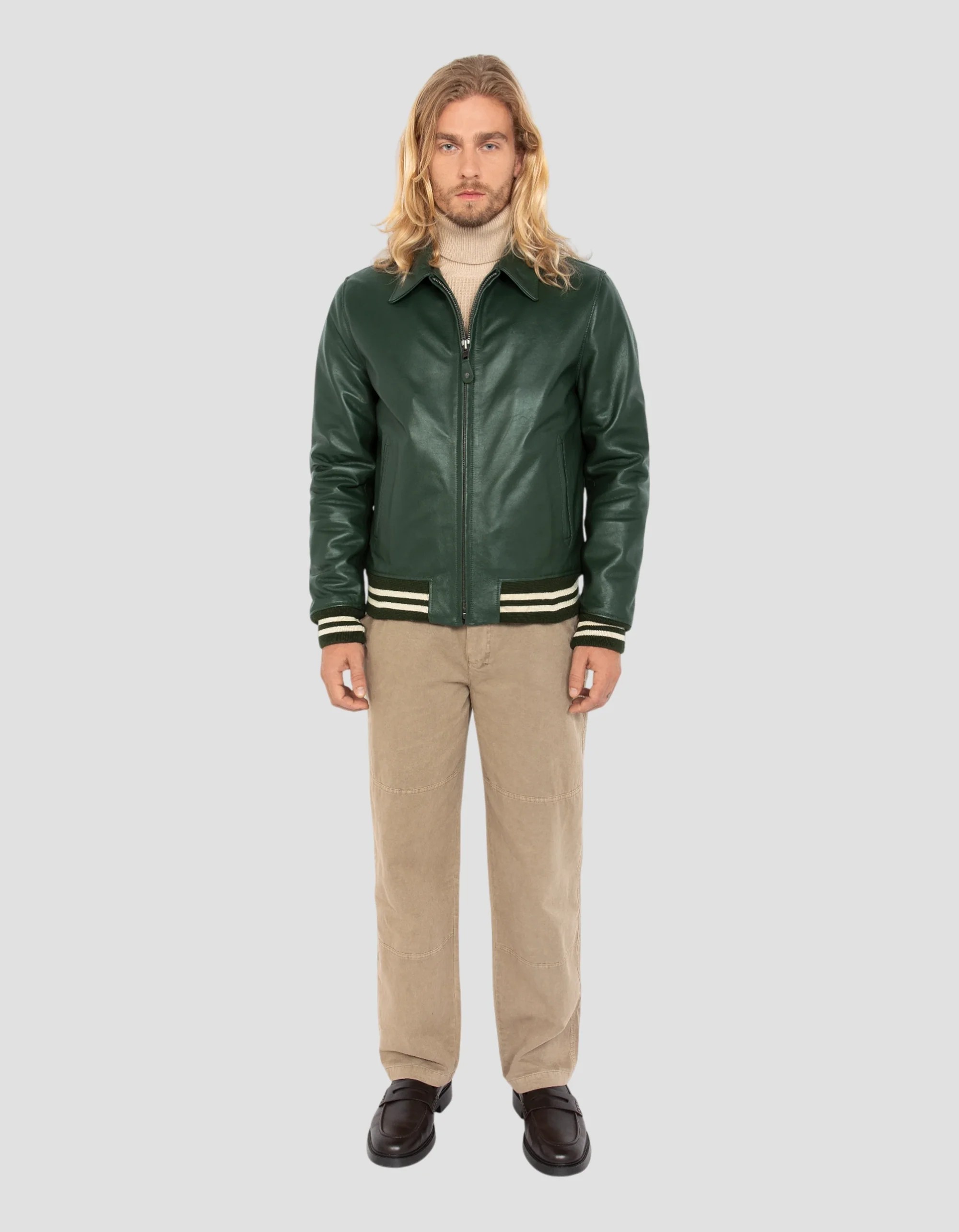 Versatile Look Green Cowhide Casual Jacket with Striped Rib Edge