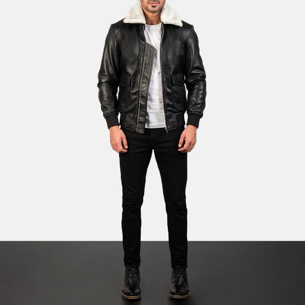 Men’s Black & White Real Leather Bomber Jacket | Bold, Stylish & Premium Quality