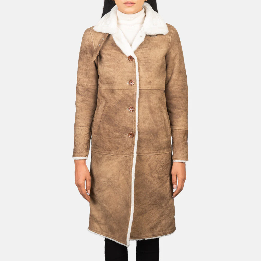 Women’s Shearling Brown Long Real Leather Coat | Luxurious, Warm & Timeless Elegance