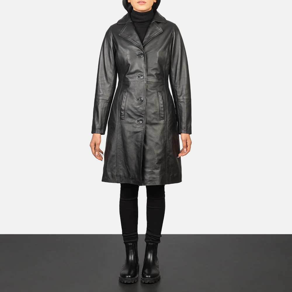 Women’s Black Real Leather Single-Breasted Coat | Sleek, Elegant & Timeless