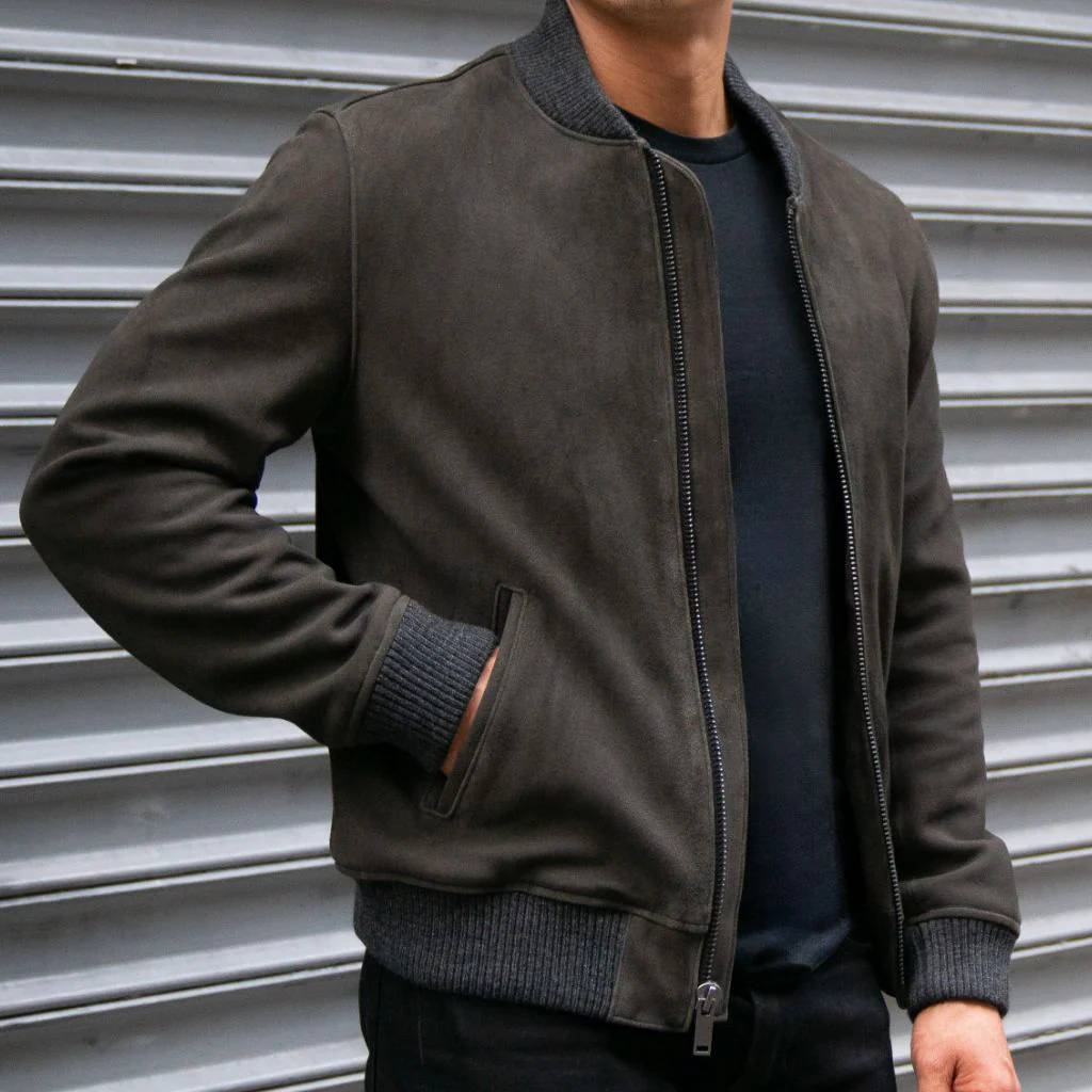 Men’s Dark Grey Suede Leather Bomber Jacket | Modern Fit, Timeless Style