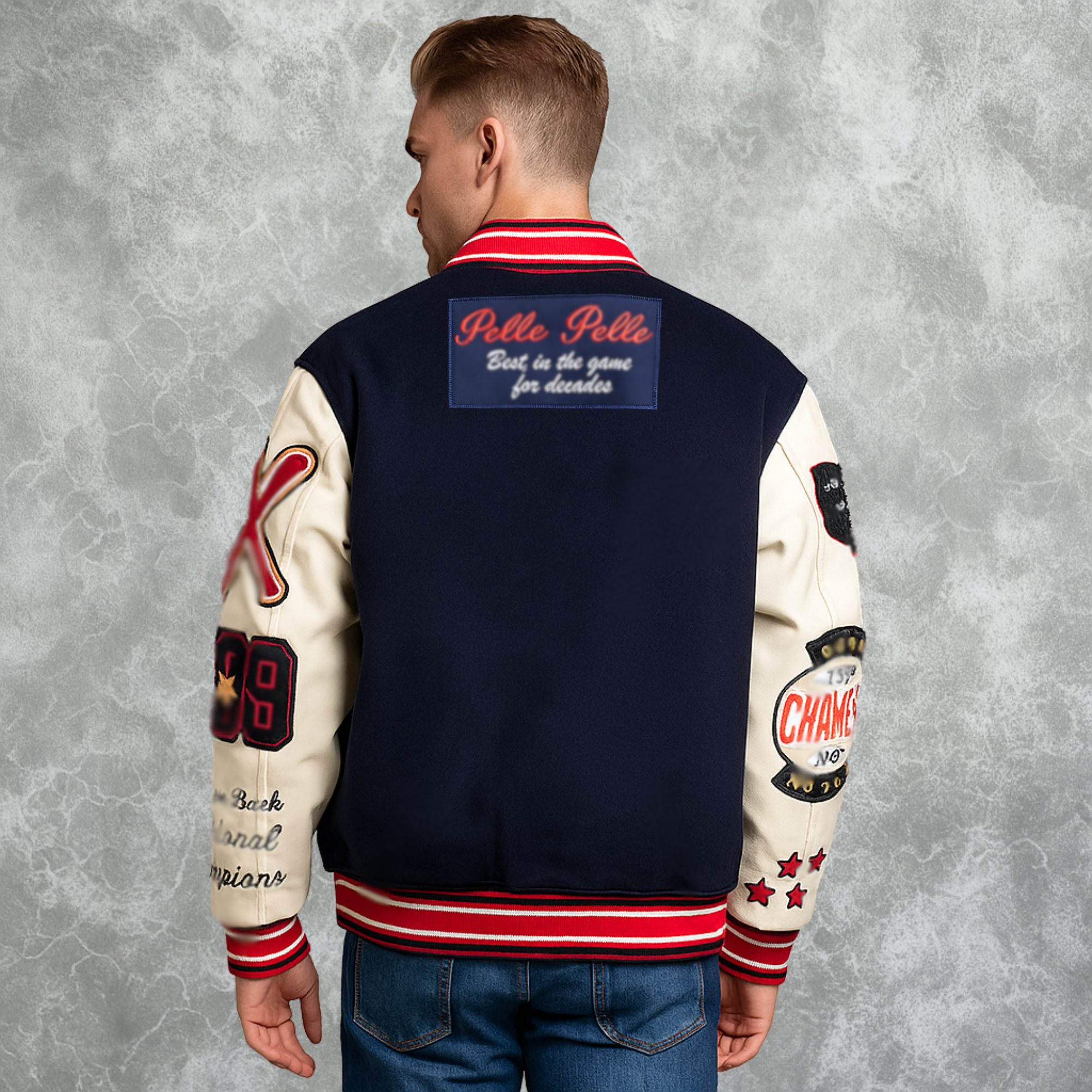 Navy Blue And White Pelle Pelle World Famous Inspired Varsity Jacket For Men