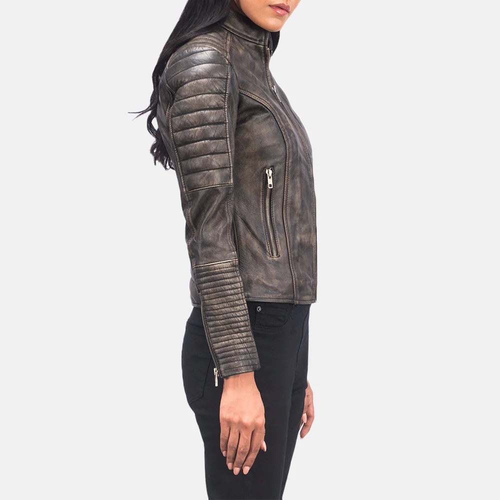 Adalyn Distressed Brown Quilted Biker Jacket