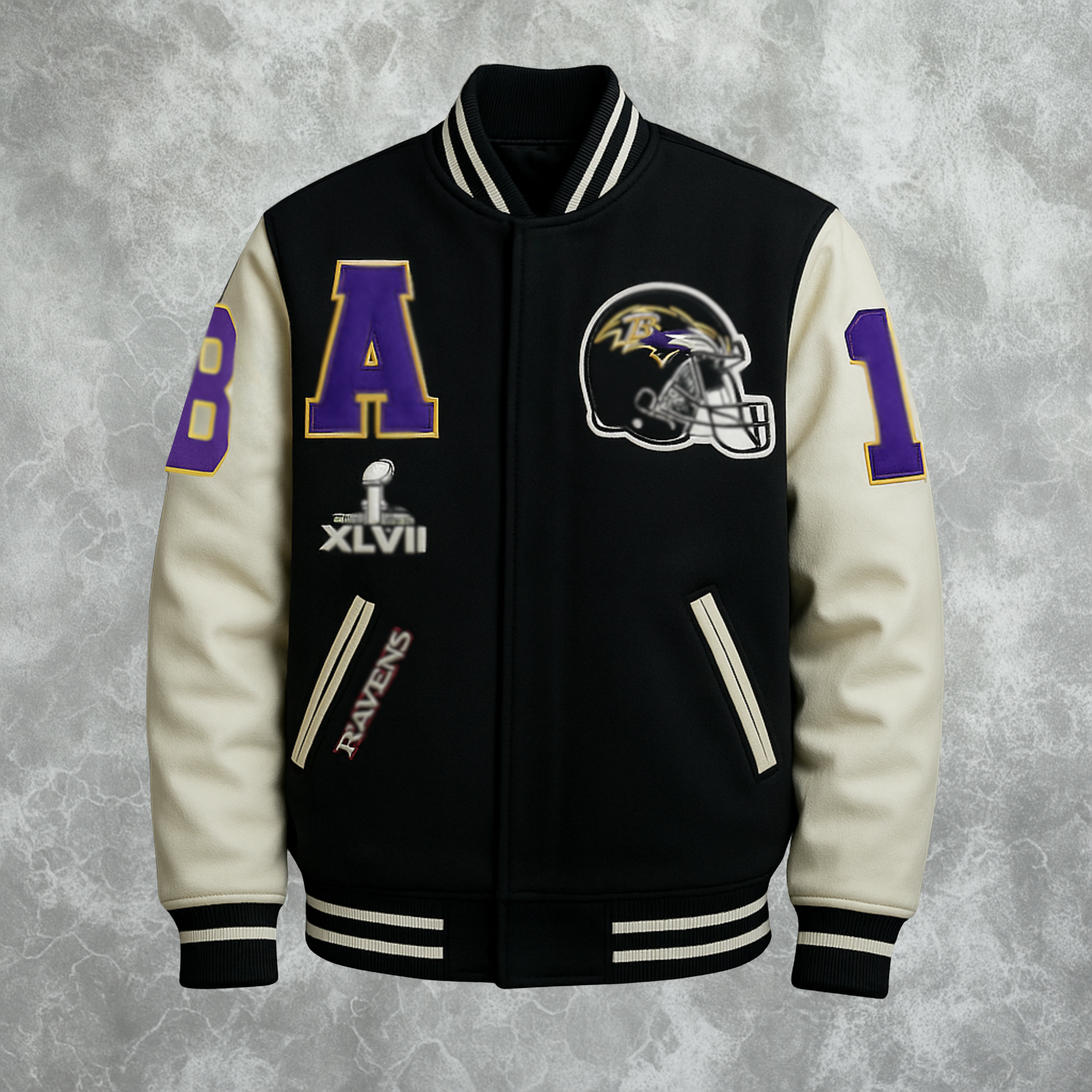 Baltimore Ravens Inspired Black and White Varsity Jacket For Men