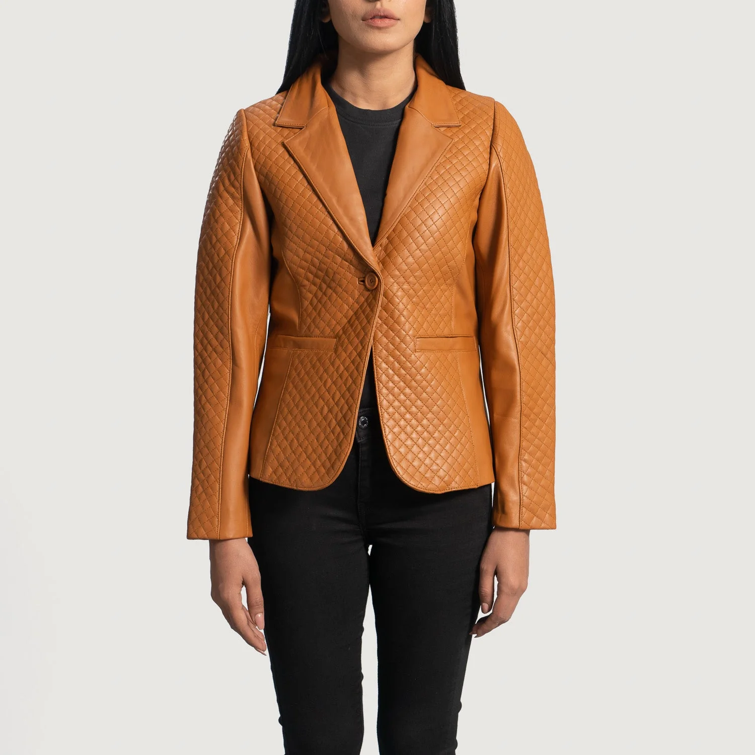 Women’s Quilted Brown Real Leather Blazer | Elegant, Structured & Timeless