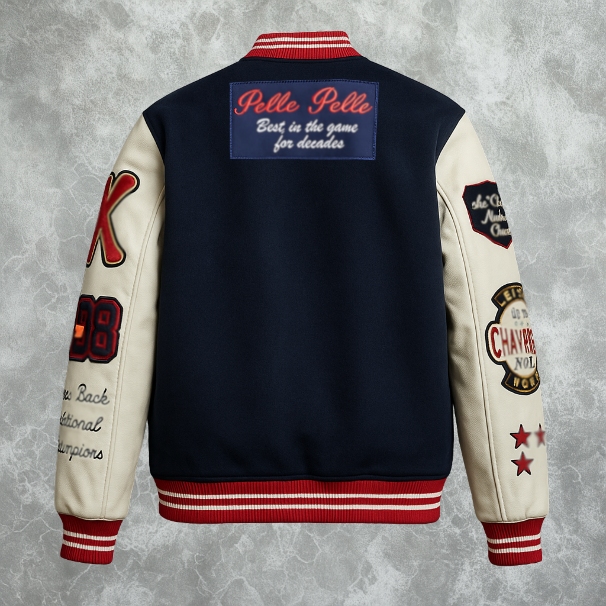 Navy Blue And White Pelle Pelle World Famous Inspired Varsity Jacket For Men