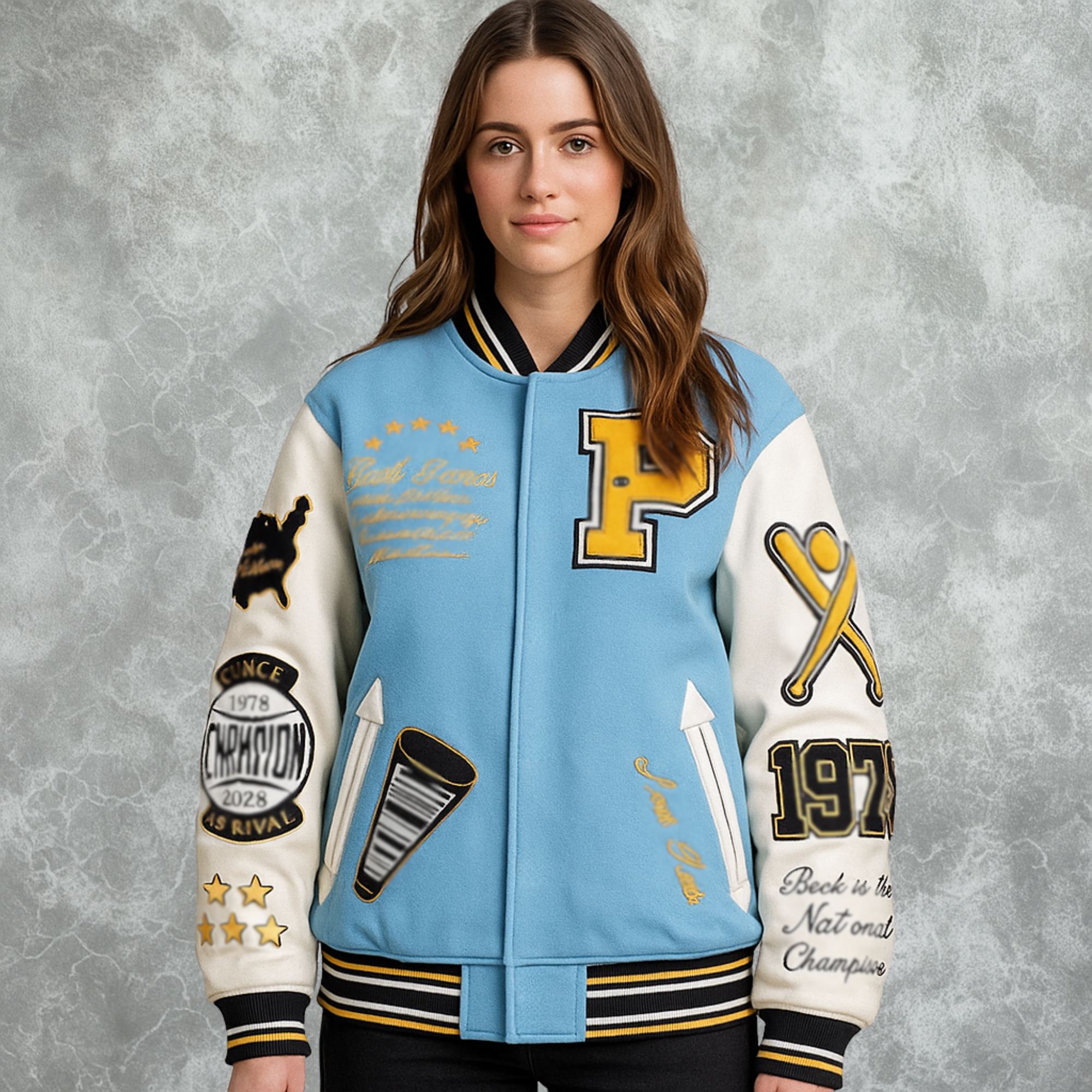 Blue and White Pelle Pelle World Famous Inspired Varsity Jacket For Women