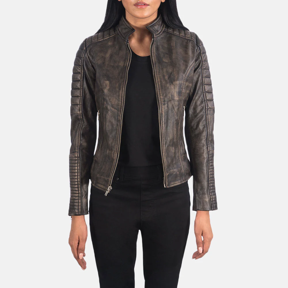 Adalyn Distressed Brown Quilted Biker Jacket