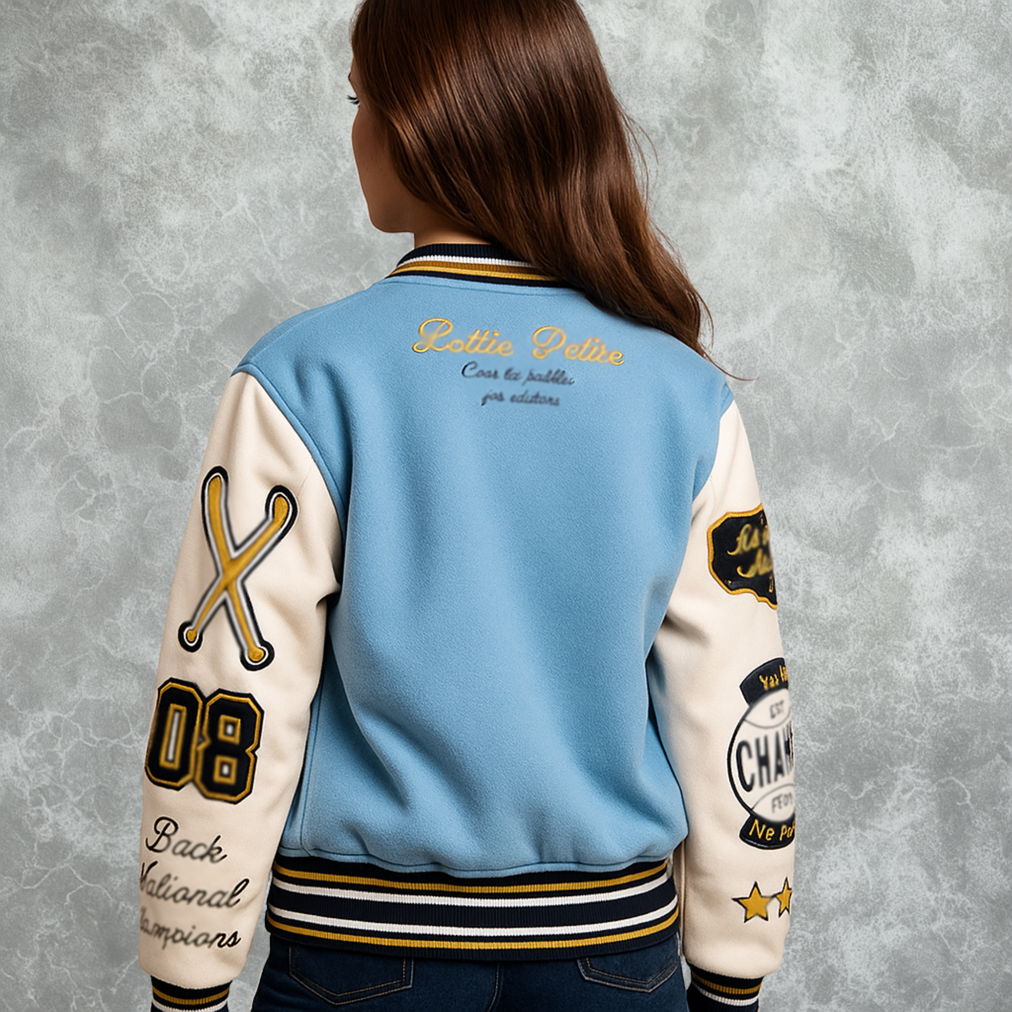 Blue and White Pelle Pelle World Famous Inspired Varsity Jacket For Women