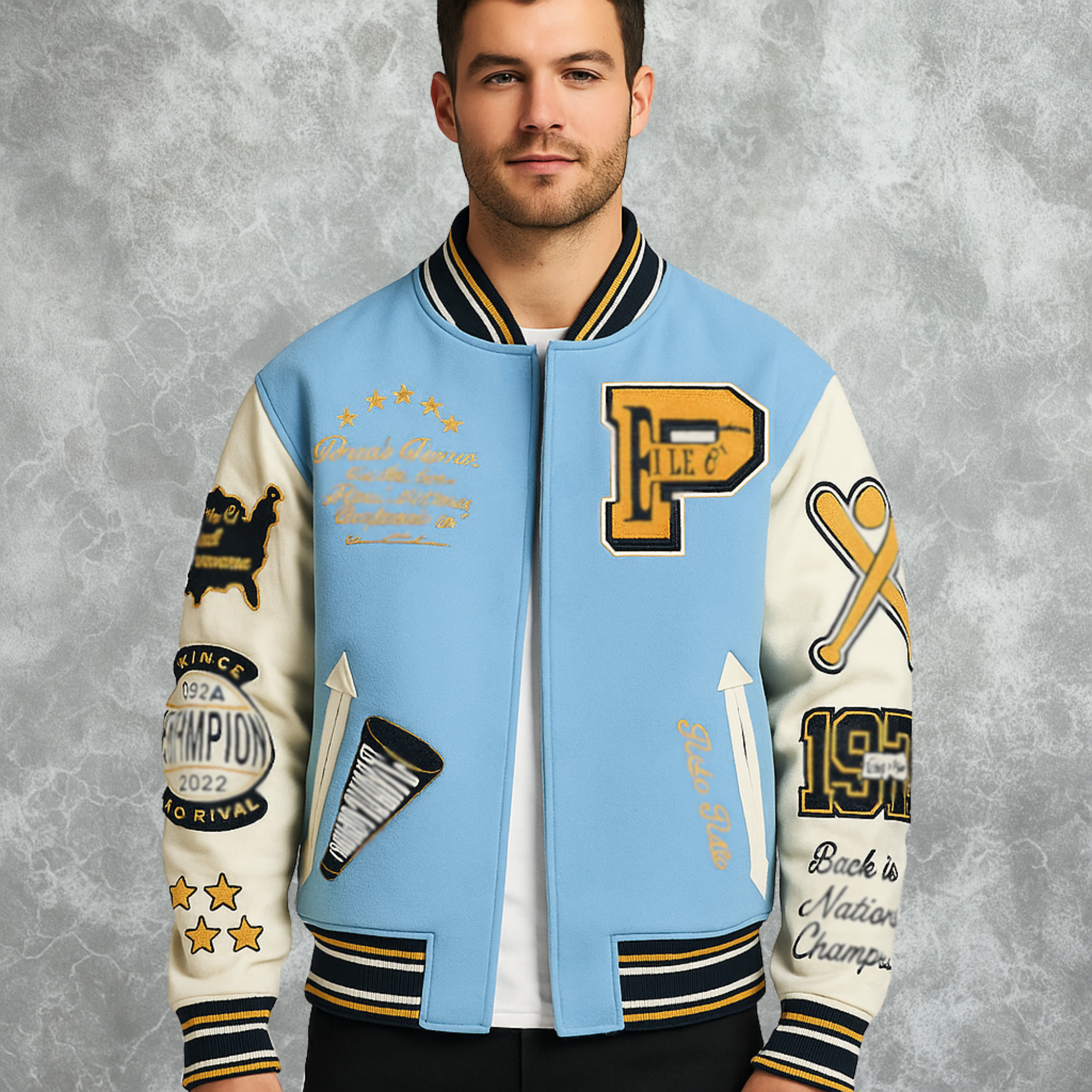 Blue and White Pelle Pelle World Famous Inspired Varsity Jacket For Men