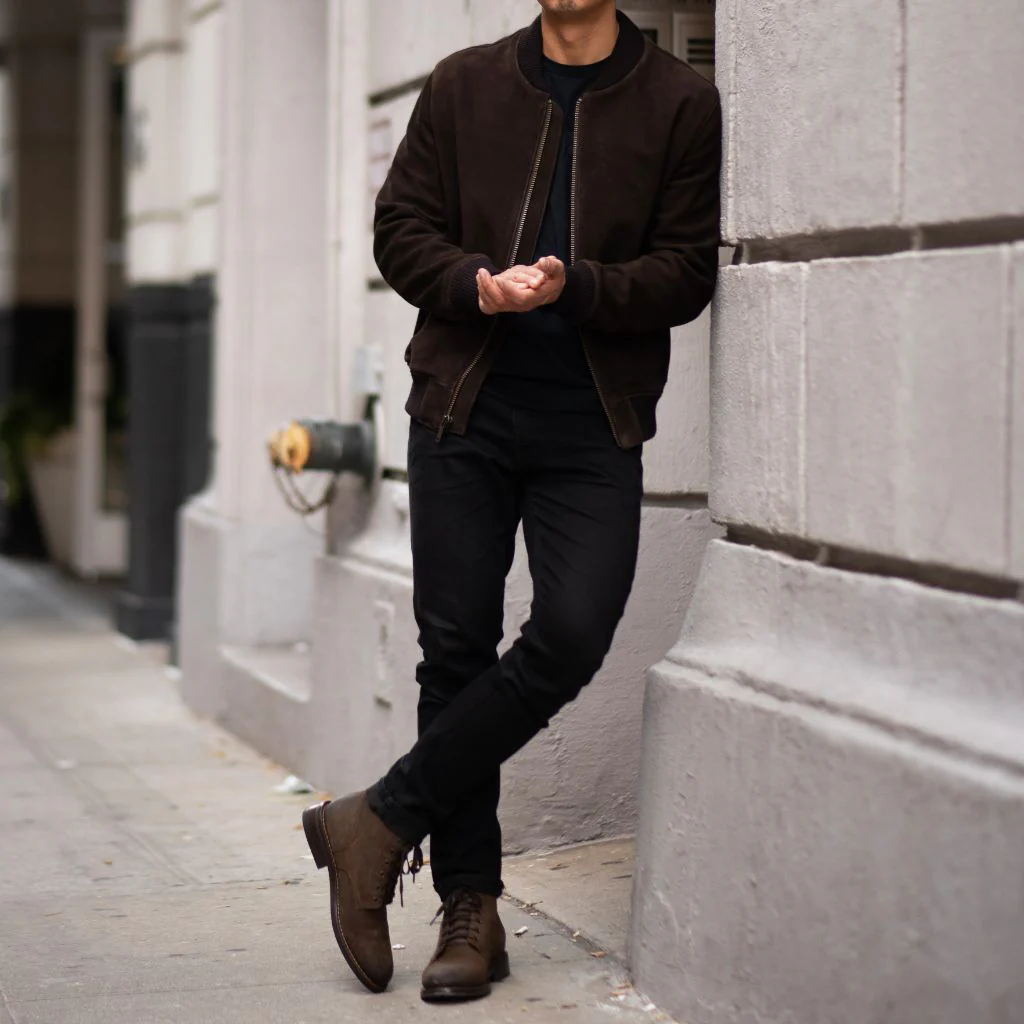 Men’s Dark Grey Suede Leather Bomber Jacket | Modern Fit, Timeless Style