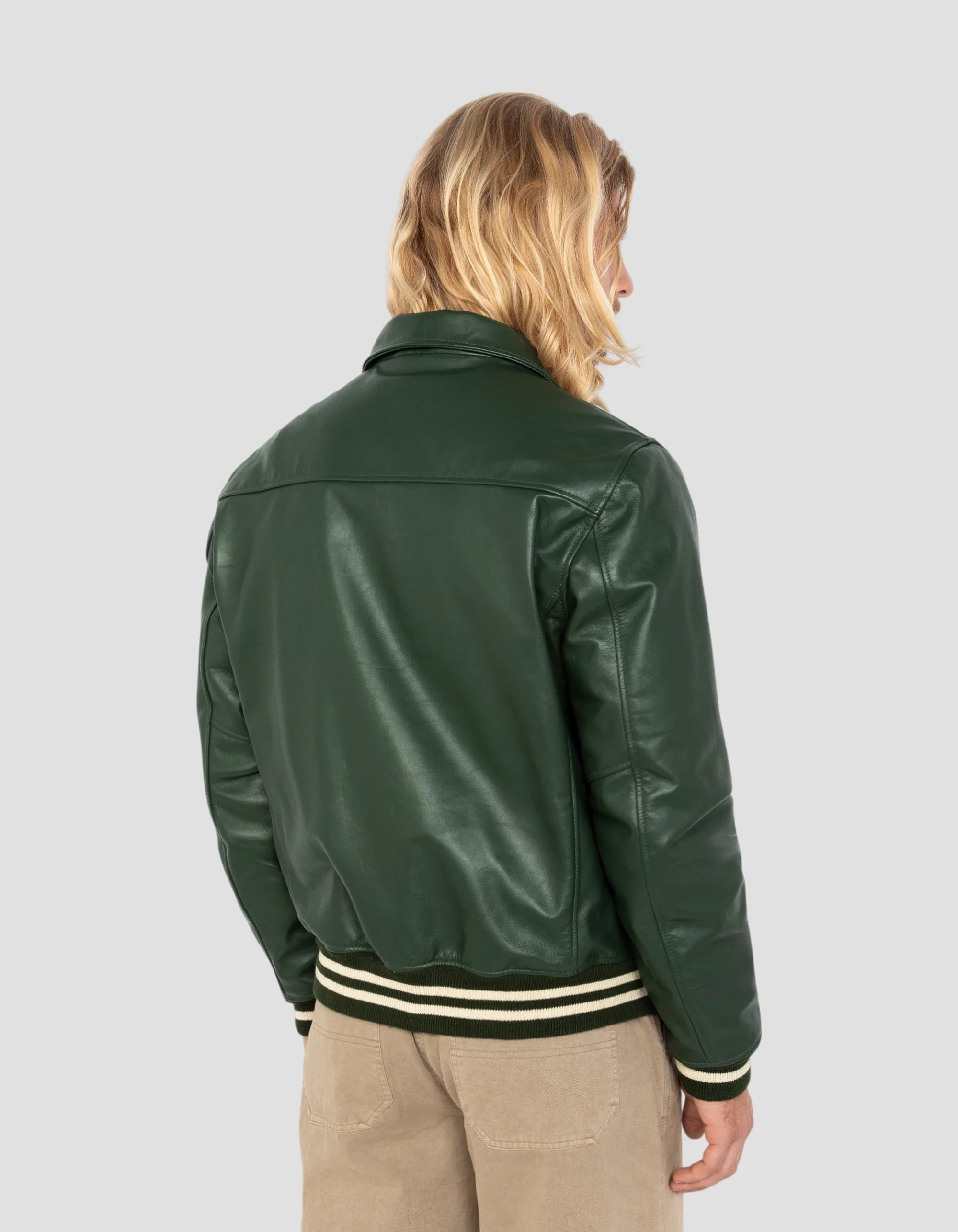 Versatile Look Green Cowhide Casual Jacket with Striped Rib Edge