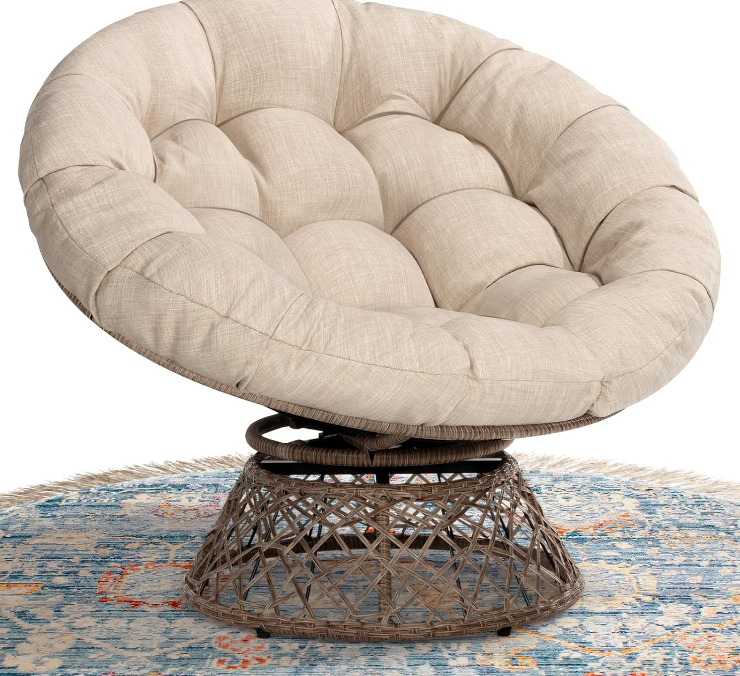 Sepia Sand - Brown Base 40" Ergonomic Wicker Papasan Chair with Soft Thick Density Fabric Cushion, High Capacity Steel Frame, 360 Degree Swivel for Living, Bedroom, Reading Room, Lounge