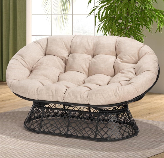  61" Capacity 600lbs Double Papasan Ergonomic Wicker Papasan Chair with Soft Thick Density Fabric Cushion, Bee-Designed Base, High Capacity Steel Frame, 360 Degree Swivel for Living, Bedroom