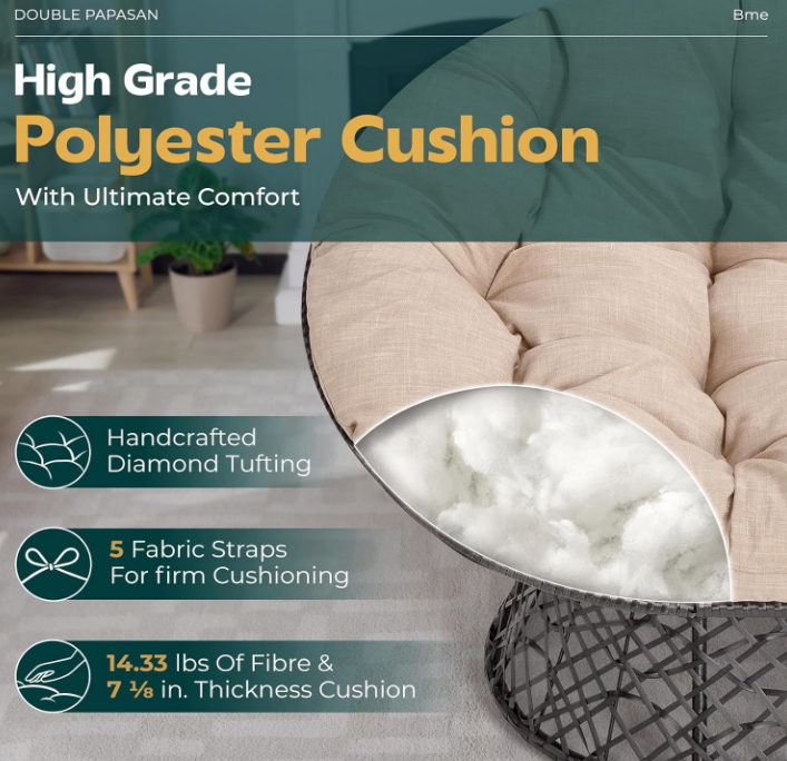  61" Capacity 600lbs Double Papasan Ergonomic Wicker Papasan Chair with Soft Thick Density Fabric Cushion, Bee-Designed Base, High Capacity Steel Frame, 360 Degree Swivel for Living, Bedroom