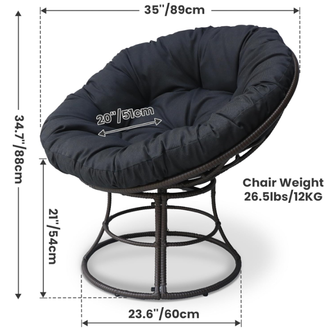 Papasan Chair Lounge Accent Chair, Wicker Rattan Oversized 360 Degree Swivel Saucer Chair Thick Cushion - Circle Moon Chair for 330lbs Living Room Bedroom Playroom Balcony Patio Garden - Black