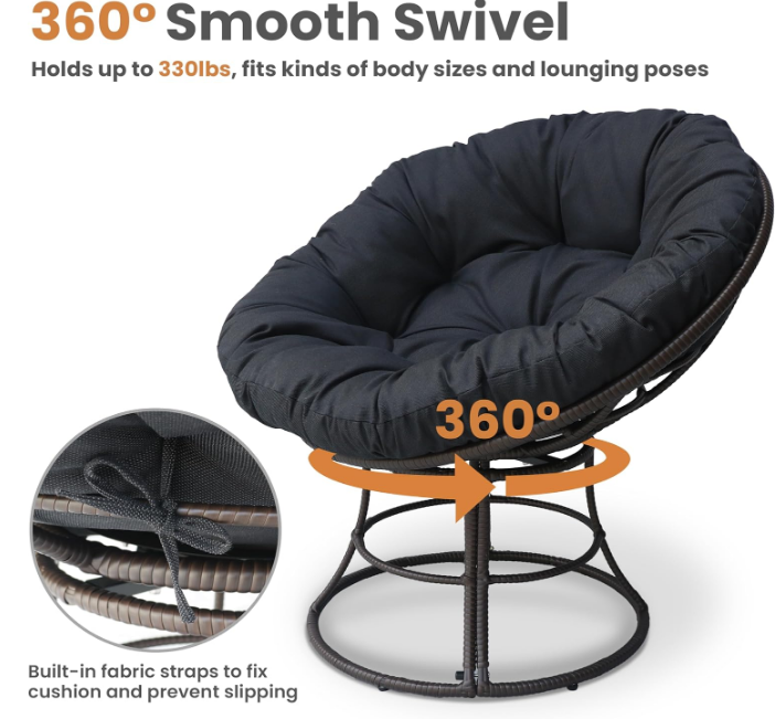 Papasan Chair Lounge Accent Chair, Wicker Rattan Oversized 360 Degree Swivel Saucer Chair Thick Cushion - Circle Moon Chair for 330lbs Living Room Bedroom Playroom Balcony Patio Garden - Black