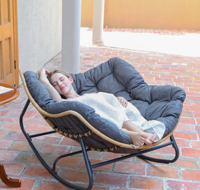Outdoor Rocking Chair, Patio Egg Rocking Chair, Indoor Papasan Chair, Rattan Wicker Lounge Chair, Modern Royal Chair for Bedroom, Living Room, Porch, Garden, Lawn-Dark Grey